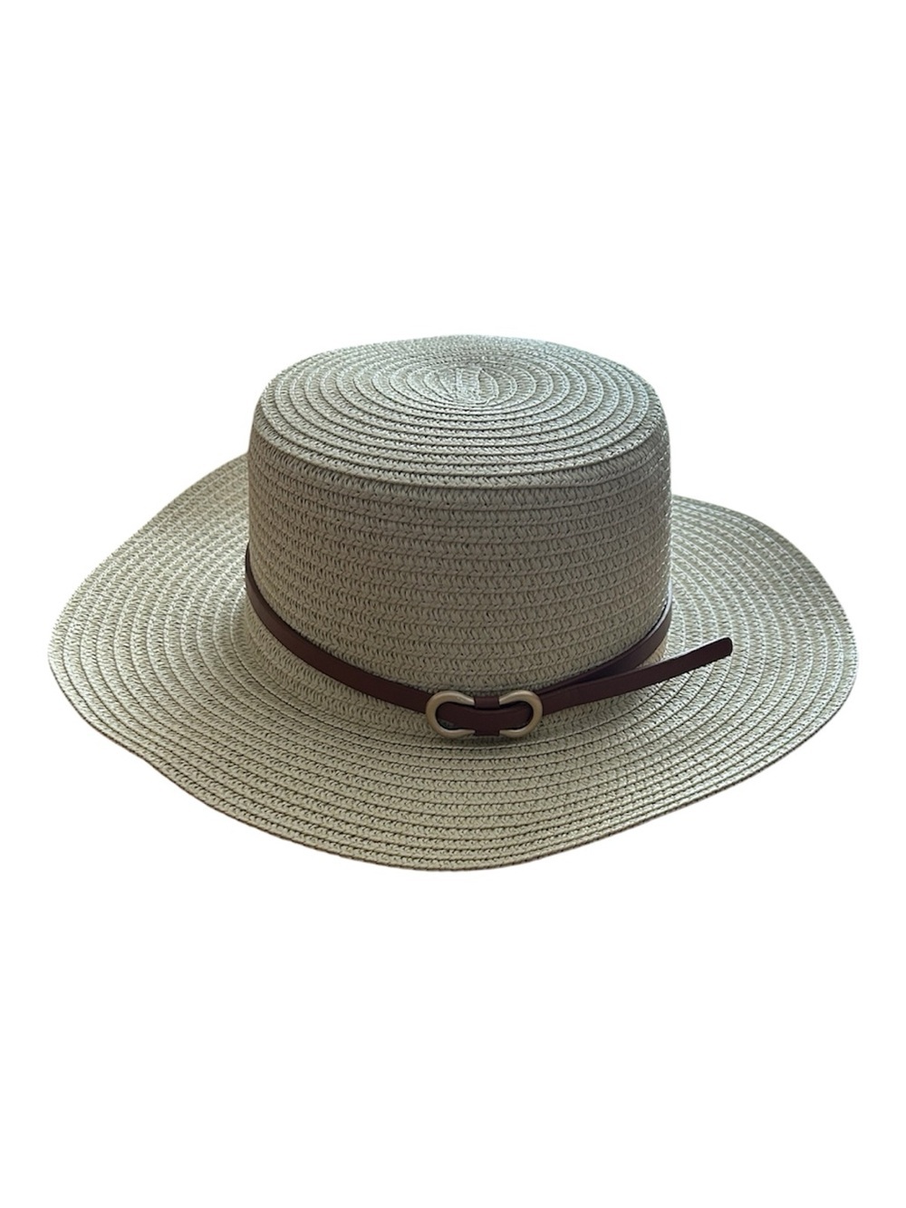 Beige Straw Sun Hat with Brown Faux Leather Band Gold Buckle NWOT